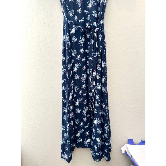 LOFT | Navy Blue Floral Midi Dress Puff Sleeve Belted V-Neck | Size 14 - Picture 4 of 7
